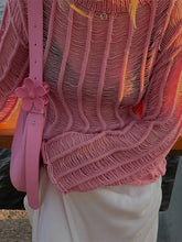 Pink Hollow Out Striped Knit Half See Through Pullover O Neck Long Sleeved Sweater